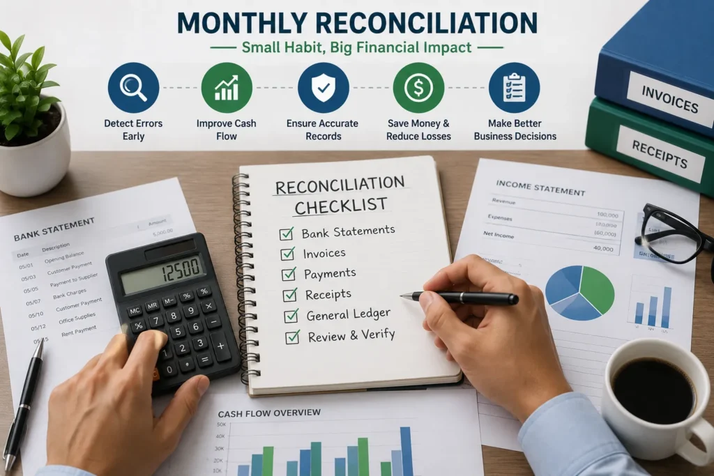 Accountant reviewing reconciliation records to detect accounting discrepancies and maintain accurate financial reports