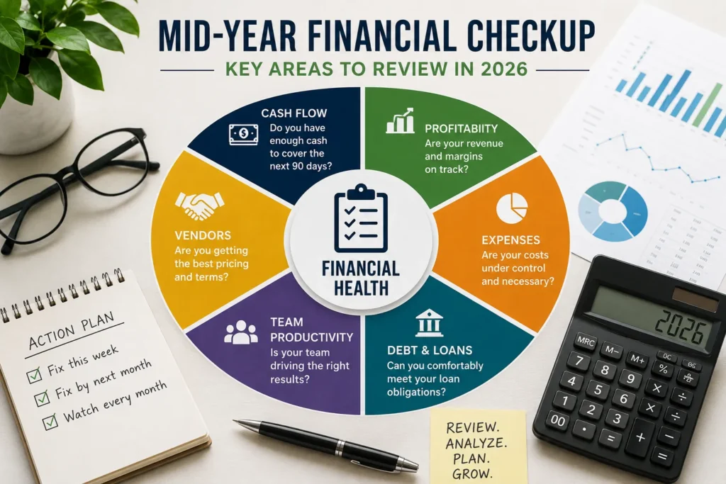 Mid-year financial health checklist showing cash flow, profitability, expenses, debt management, vendor costs, and team productivity review