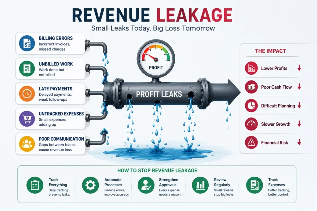 Revenue leakage causes and solutions including billing errors, untracked expenses, late payments, and cash flow management
