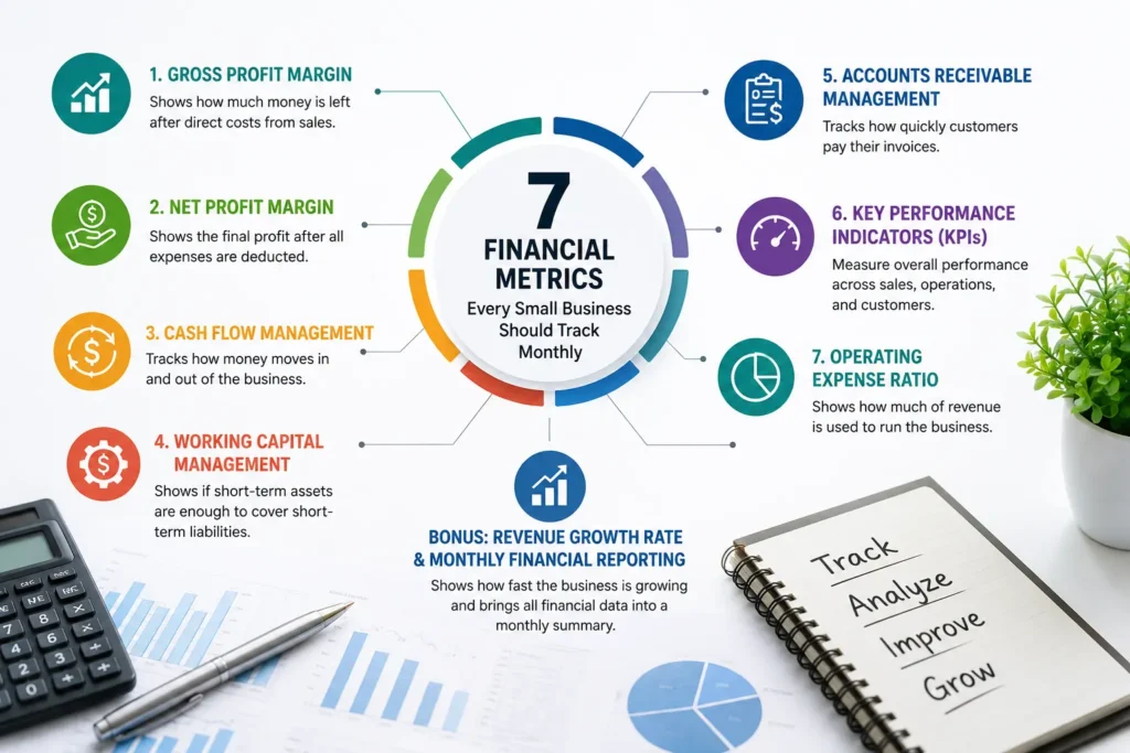 Small business financial dashboard showing revenue growth, profit margins, cash flow management, KPI performance, and monthly financial reporting