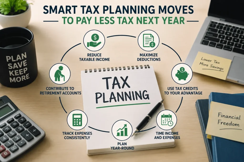 Infographic showing smart tax planning moves including reducing taxable income, maximizing deductions, tracking expenses, and retirement contributions