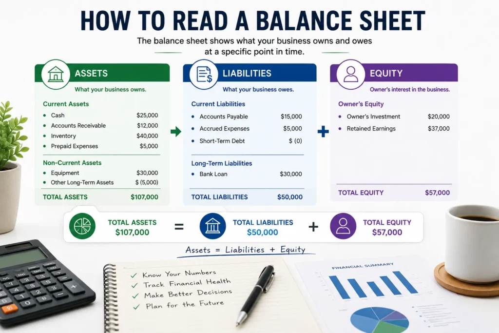 Balance sheet example explaining assets, liabilities, equity, and the accounting equation for a small business.