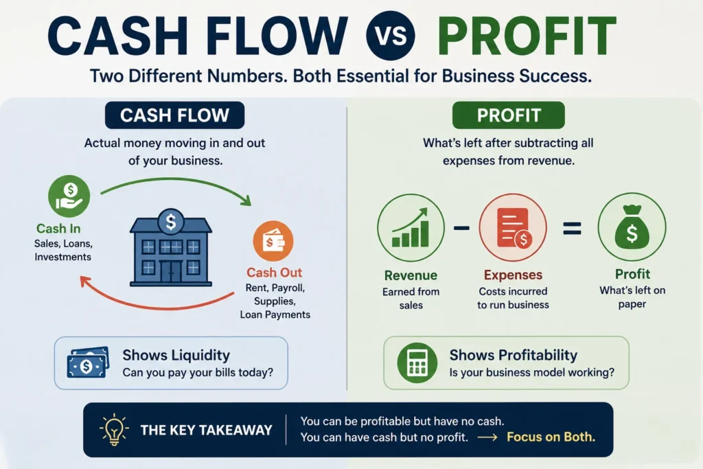 explaining the difference between cash flow and profit, including cash inflows, expenses, revenue, profitability, and liquidity for small businesses