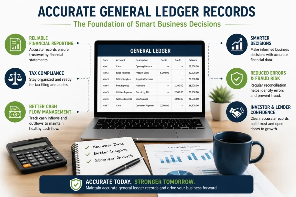 benefits of accurate general ledger records, including financial reporting, tax compliance, cash flow management, and smarter business decisions.