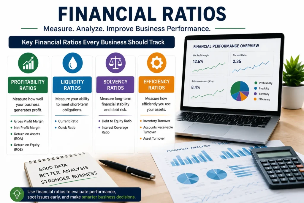 Key financial ratios including profitability, liquidity, solvency, and efficiency ratios used to evaluate business performance