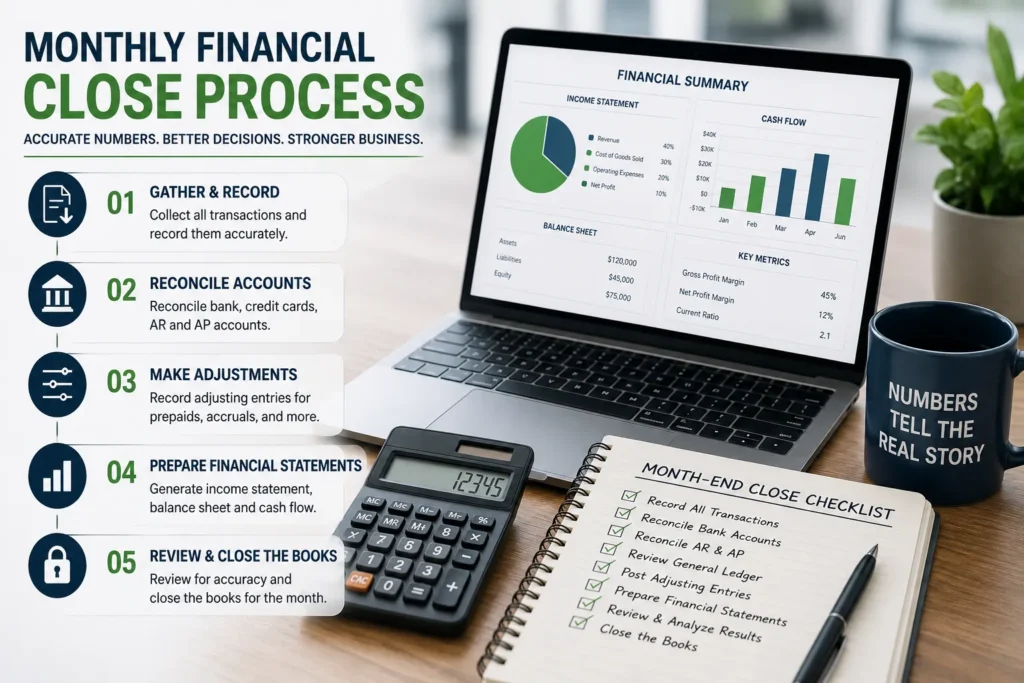 Step-by-step monthly financial close process checklist showing transaction recording, account reconciliation, financial statement preparation, and month-end review