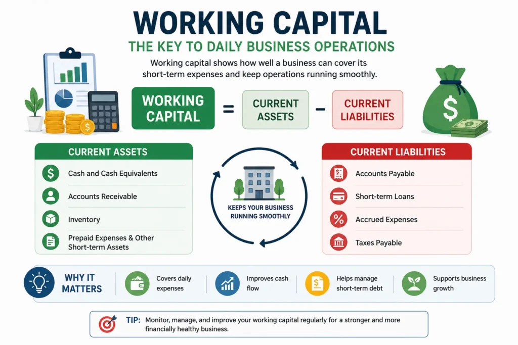 Working capital formula showing current assets and liabilities